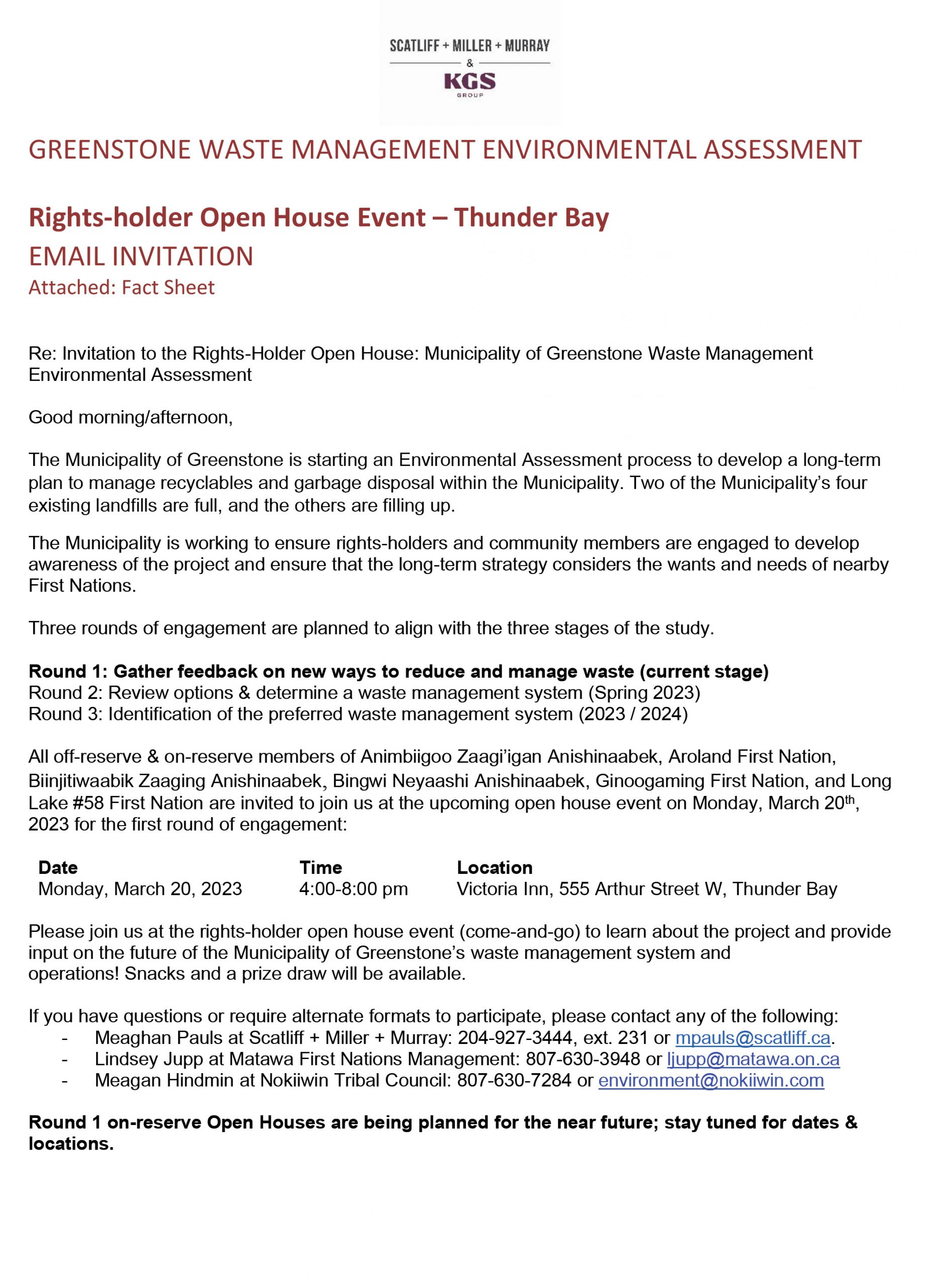 Email invitation to the Waste Management Environmental Assessment Rights-Holder Open House Event part 1
