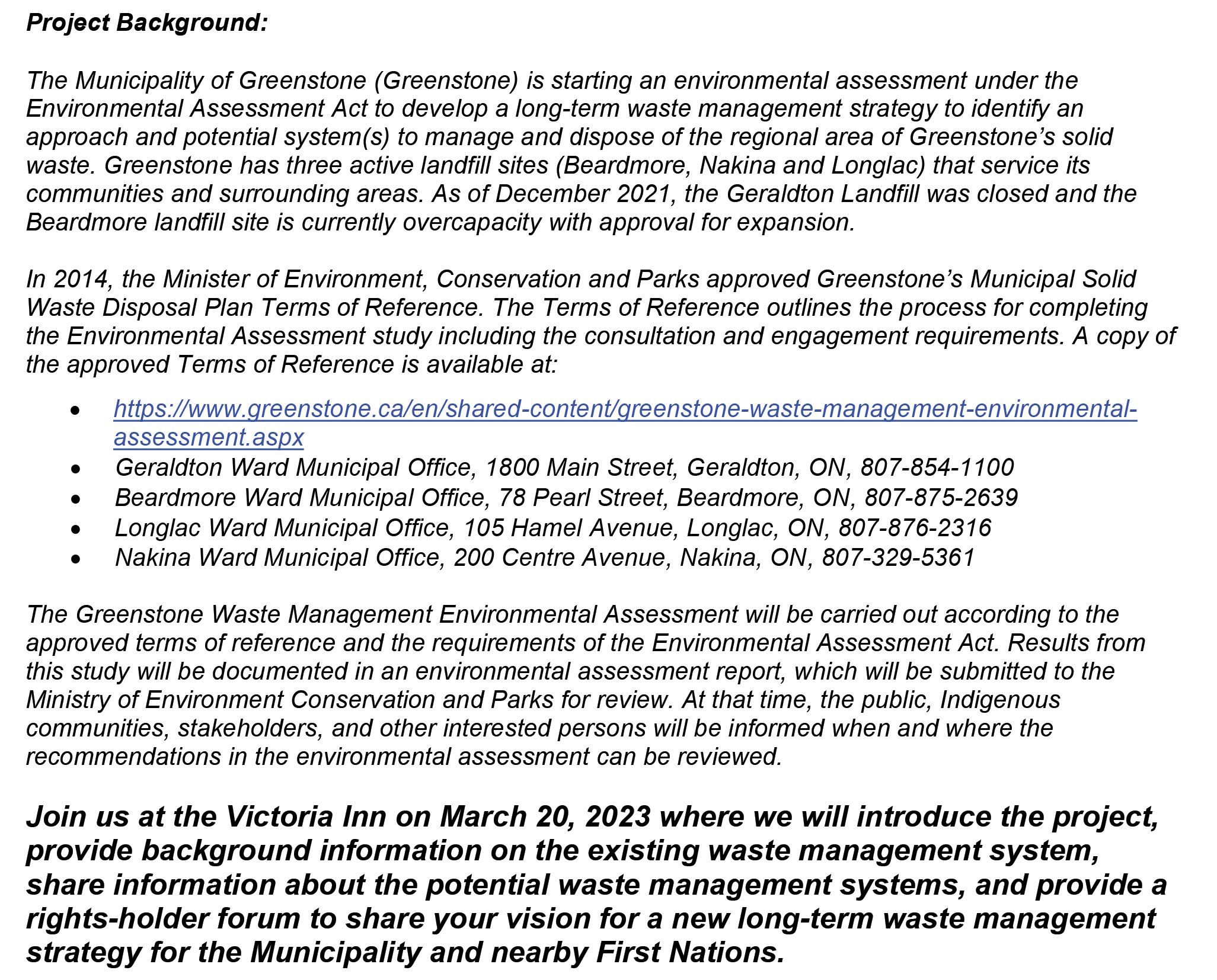 Email invitation to the Waste Management Environmental Assessment Rights-Holder Open House Event part 2